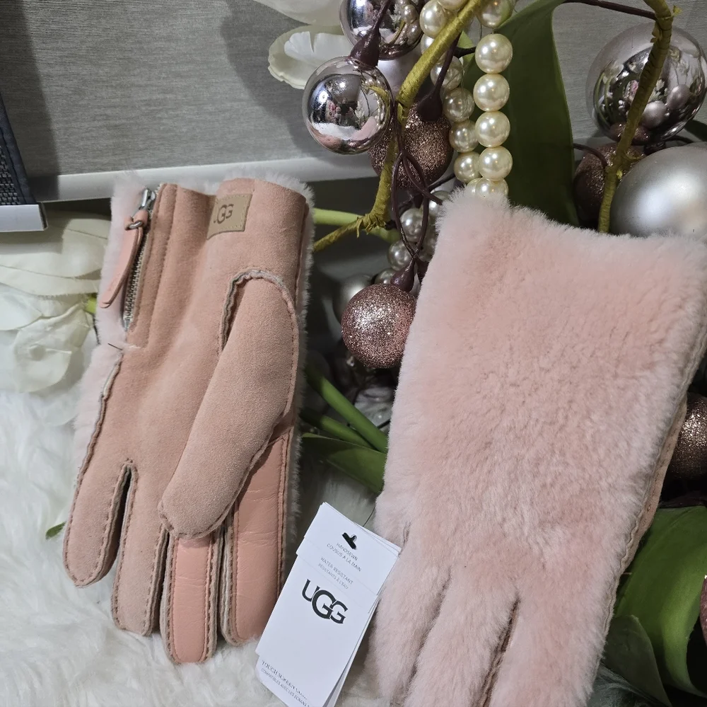UGG PLUSH ZIP SHORTY GLOVE WOMENS L HAND SEWN SHEEPSKIN CONDUCTIVE~APPLE BLOSSOM
